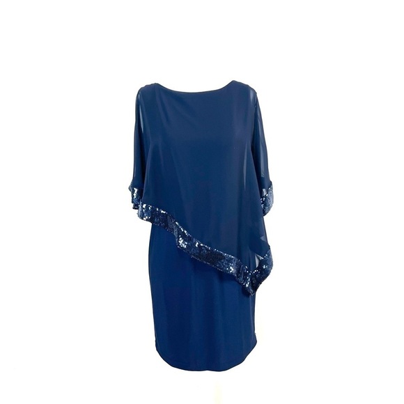 Xscape Blue‎ Asymmetric Sheer Sequin Trim Overlay Sheath Dress Size 2 Petite - Picture 1 of 10